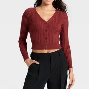 A New Day Maroon V Neck Button-Front Cardigan Sweater